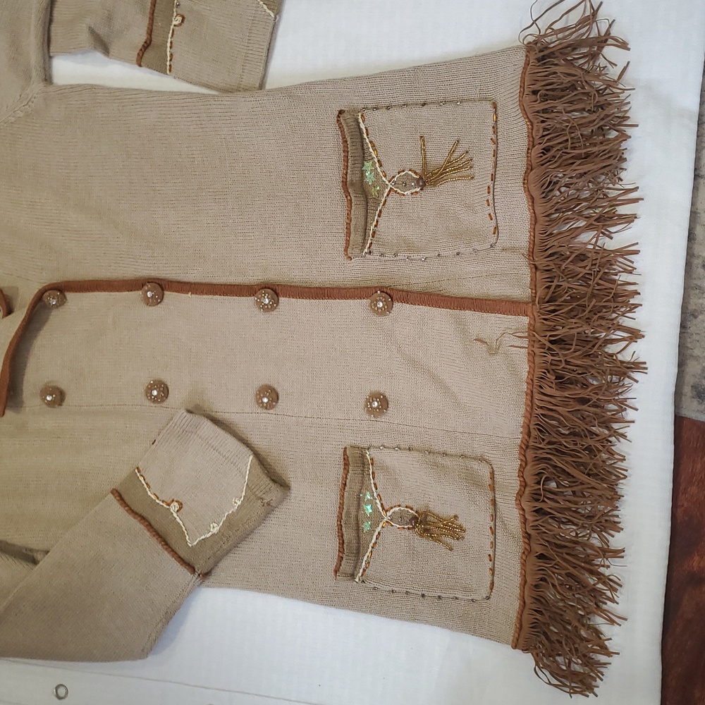 Vtg storybook  knits  Double-Breasted Jacket sweater with Fringe - Picture 10 of 16